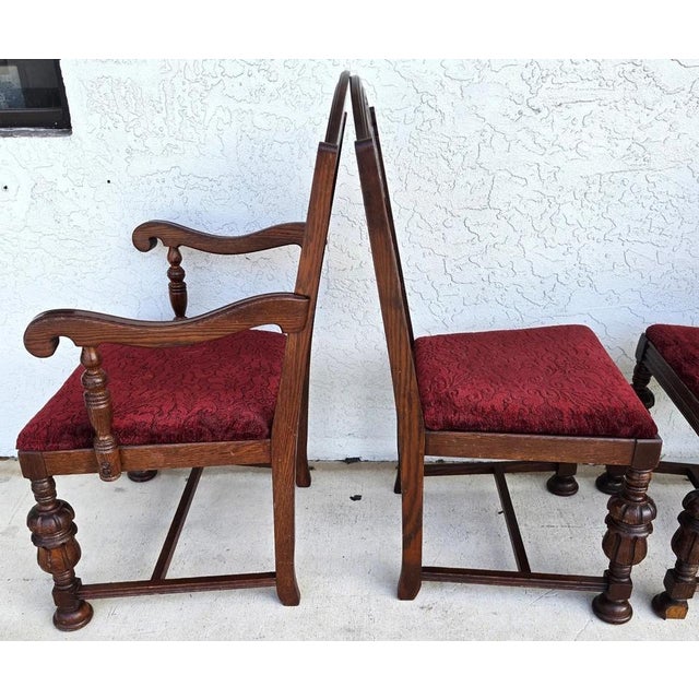 Antique English Oak Tudor Jacobean Dining Chairs 1930's Set of 4 For Sale - Image 4 of 18