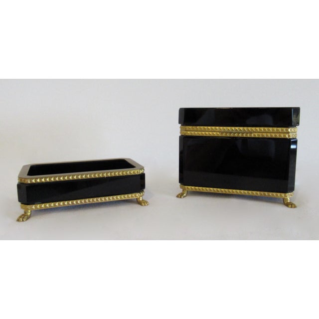 French C.1930's Cenedese Murano Italian Hand-Blown Black Keepsake Lidded Box & Accent Dish With Bronze Gilded Mounts For Sale - Image 3 of 18