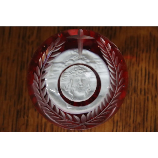 Religious Ruby Red Intaglio Religious Art Glass Paperweight With Christ Portrait For Sale - Image 3 of 8