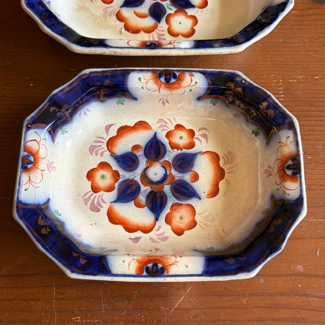 Antique Gaudy Welsh Crescent Pinwheel Flow Blue Set of 2 Vegetable Dishes, Circa 1840s A rare and appealing matched pair...