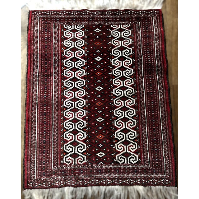 Handwoven Red and Burgundy Geometric Rug with Ivory Fringes, 1990s For Sale - Image 3 of 7