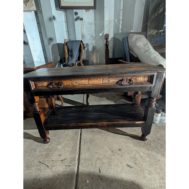 Rustic MId 20th Century Rustic Distressed Black Wood Console Table With Drawer and Equestrian Ring Pulls For Sale - Image 3 of 11