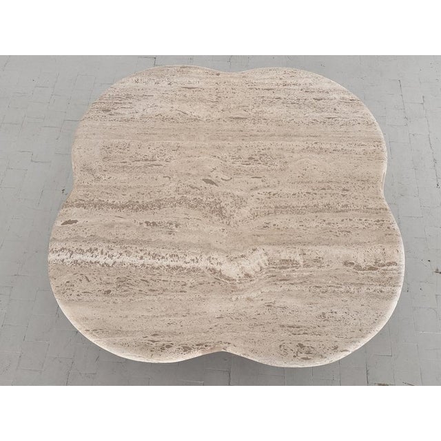1970s Large Mid-Century Modern Clover Coffee Table in Travertine and Dark Oak, 1970s For Sale - Image 5 of 18