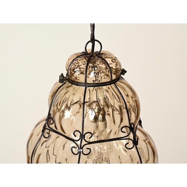 Large Mouth-Blown Murano Amber Glass and Iron Lantern Pendant Light from Seguso, Italy, 1940 For Sale - Image 11 of 18
