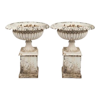 Pair of 19th Century Victorian White Painted Cast Iron Garden Urns on Pedestals For Sale