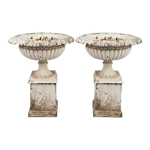 Pair of 19th Century Victorian White Painted Cast Iron Garden Urns on Pedestals For Sale