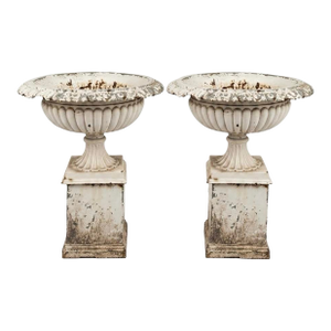 Pair of 19th Century Victorian White Painted Cast Iron Garden Urns on Pedestals