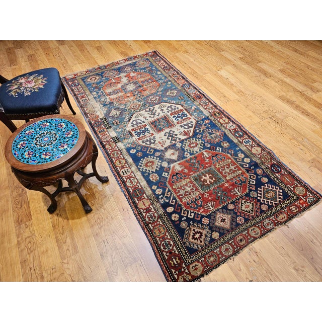 Blue Antique Caucasian Kazak Rug, Medallion Pattern, Hand-Knotted Wool, Blue & Red, 4' x 8' For Sale - Image 8 of 16