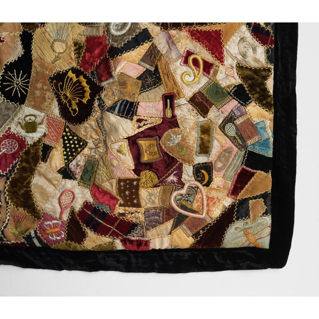 Antique Victorian Crazy Quilt, Hand Embroidered Silk and Velvet Patchwork Quilt, 19th Century For Sale - Image 13 of 18