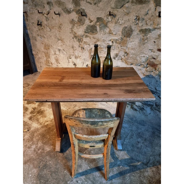 Rustic Vintage French Bistro Table with Beech Base, Walnut Top and Nickel-Plated Support, 1930s For Sale - Image 3 of 15