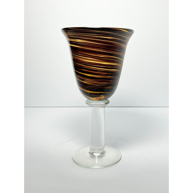 Murano 5 Handblown Murano-Style Brown Amber Swirl Water or Wine Goblets For Sale - Image 4 of 5