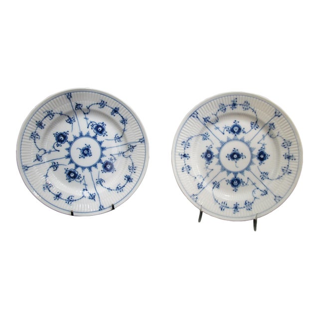 Royal Copenhagen Denmark Plain Blue Fluted 7 5/8" Salad Plate 179 Pair For Sale