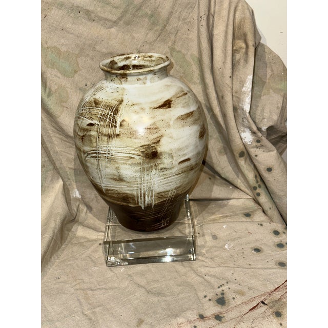 Brown Artisan White & Brown Porcelain Vase For Sale - Image 8 of 10