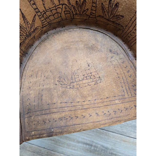 Animal Skin Vintage Mexican Child's Leather Equipal Barrel Chair With Pyrography Art For Sale - Image 7 of 10