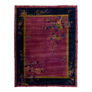 1920s Antique Chinese Art Deco Rug With Floral Branches in Magenta and Navy Blue For Sale