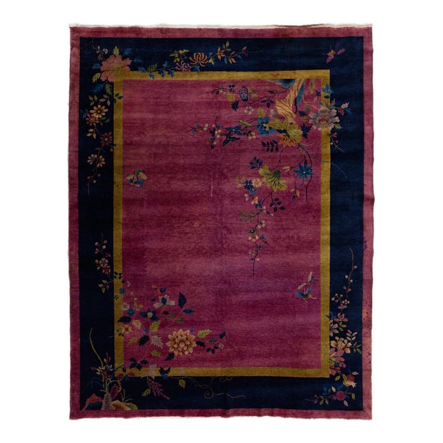 1920s Antique Chinese Art Deco Rug With Floral Branches in Magenta and Navy Blue For Sale