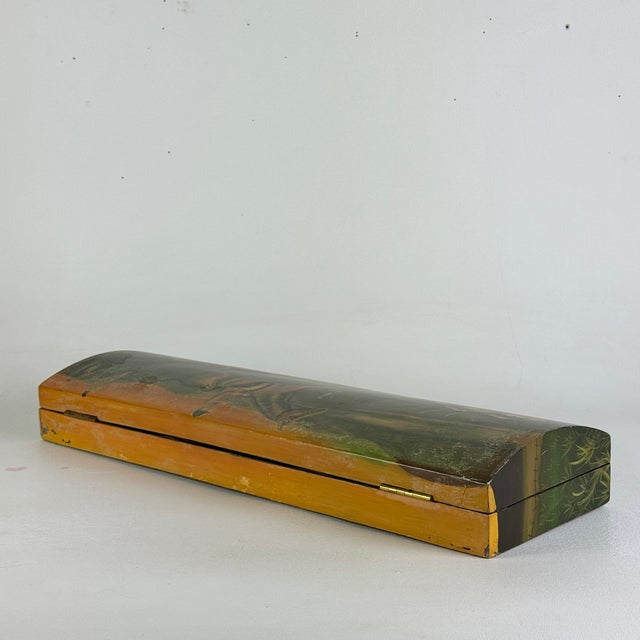 English An Old Vintage Elongated Keepsake Box With Horse Rider & Dogs Hunting Scene For Sale - Image 3 of 11