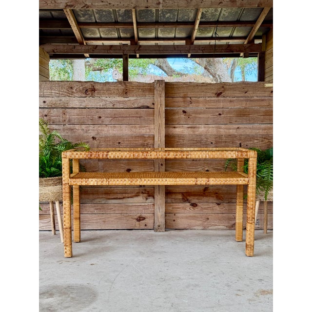 Vintage Coastal Organic Modern Rattan Wrap Console With Cane Insert & Glass For Sale - Image 11 of 12