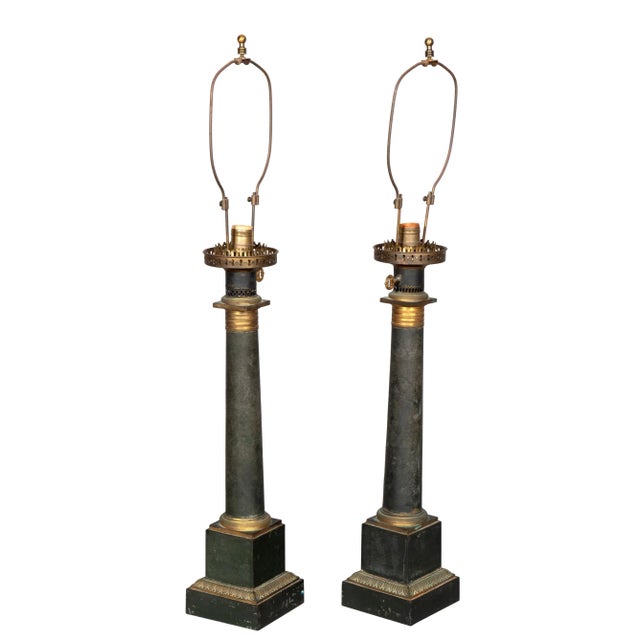 Metal French Tole Columnar Table Lamps - A Pair For Sale - Image 7 of 13