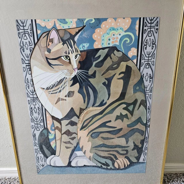 Late 20th Century Connie Segall Cat Original Watercolor Painting, Signed For Sale - Image 5 of 8