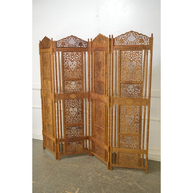 Vintage Carved Hardwood Folding Screen Room Divider w/ Brass Inlay