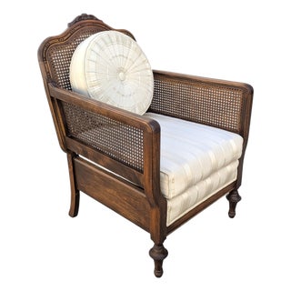 Late 20th Century French Provincial Cane Armchair With Striped Upholstery For Sale