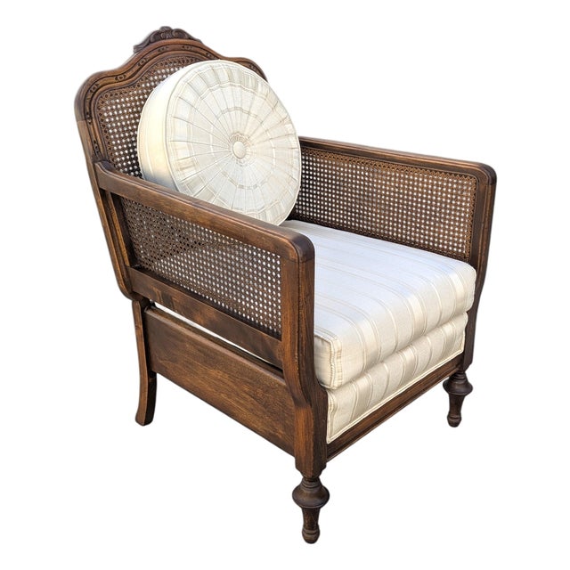 Late 20th Century French Provincial Cane Armchair With Striped Upholstery For Sale