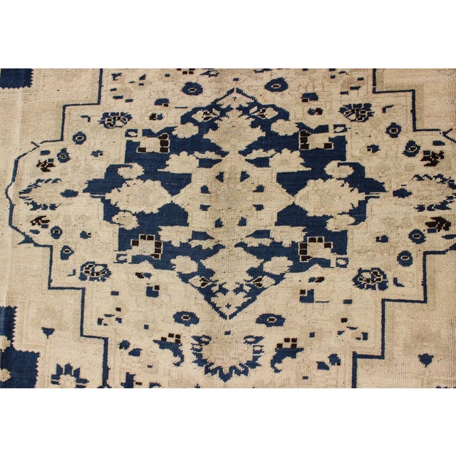 Textile Mid 20th Century Vintage Turkish Medallion Oushak Rug in Navy Blue, D. Brown and Cream Tones For Sale - Image 7 of 9