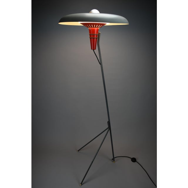 Mid-Century Tripod NX 38 Floor Lamp with Red Cone and Grey Saucer Shade by Louis Kalff for Philips, Netherlands, 1950s For Sale - Image 14 of 14
