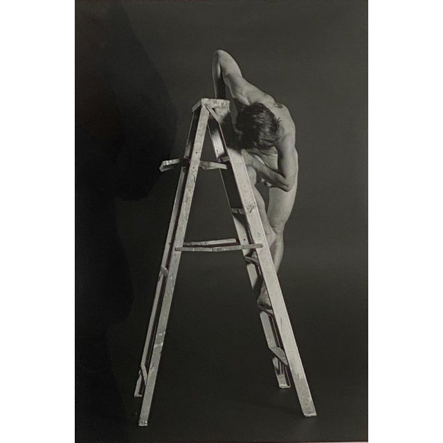 A vintage black and white photograph of a male nude standing on a ladder, U.S.A. circa 1960.