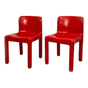 Set of Space Age Italian Red Plastic Chairs by Carlo Bartoli for Kartell, 1970s