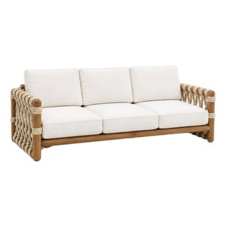 Organic Modern Solid Teak & Handwoven Rope Three-Seat Sofa With Ivory Cushions For Sale