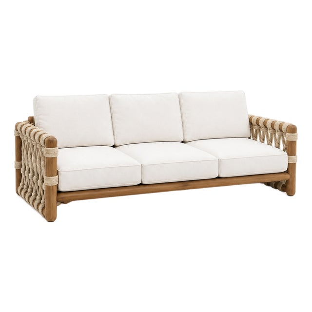 Organic Modern Solid Teak & Handwoven Rope Three-Seat Sofa With Ivory Cushions For Sale