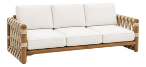 Organic Modern Solid Teak & Handwoven Rope Three-Seat Sofa With Ivory Cushions