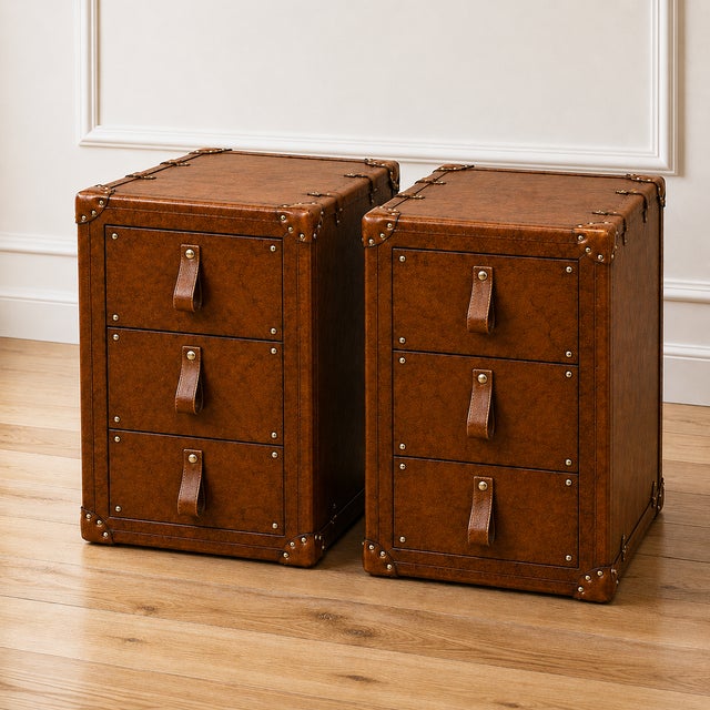 Bring timeless British-inspired luxury into your bedroom with this handcrafted leather trunk-style nightstand pair....