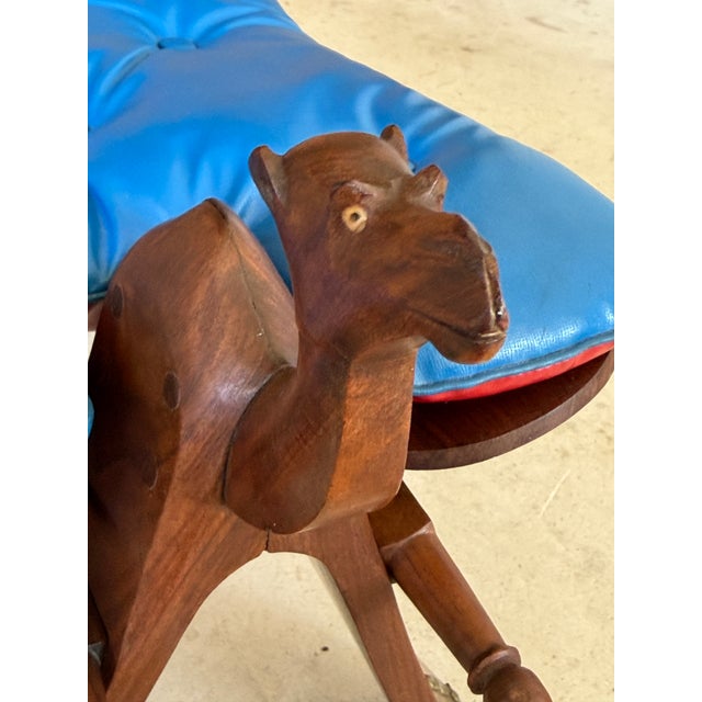 Vintage Carved Boho Camel Saddle Stool or Ottoman With Brass Studded Legs For Sale - Image 4 of 12