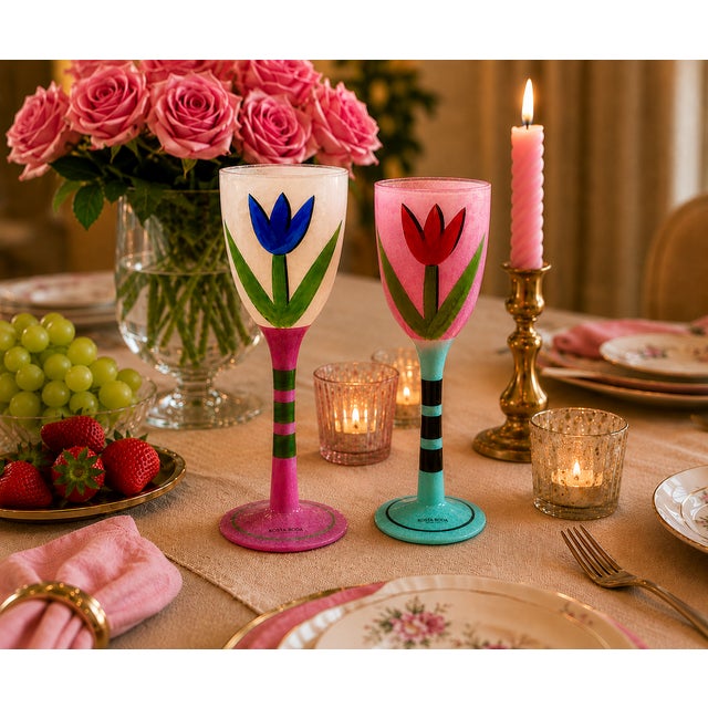 Ulrica Hydman-Vallien Late 20th Century Kosta Boda “Tulipa” Hand-Painted Art Glass Goblets by Ulrica Hydman-Vallien – Pair For Sale - Image 4 of 18