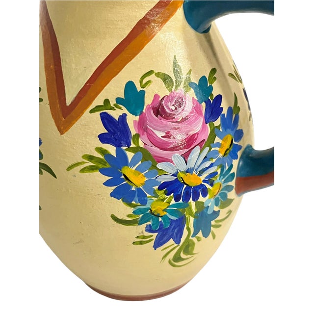 Cream Vintage Colonia Tovar Hand-Painted Floral Clay Pitcher, Venezuelan Folk Art For Sale - Image 8 of 16