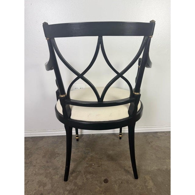 Set of Twelve Regency-Style Ebonized Dining Chairs With Linen Seats For Sale - Image 9 of 11