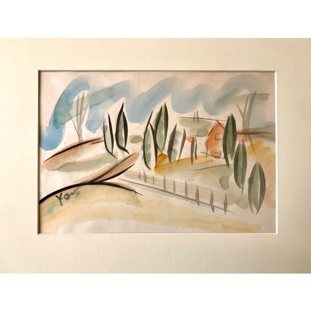 Original vintage watercolor by Phillip Yost. Of a fauvest style landscape. Presented matted and framed in a gilt wood frame