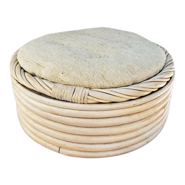 1980s Whitewashed Rattan Round Footstool With Tufted Cushion For Sale