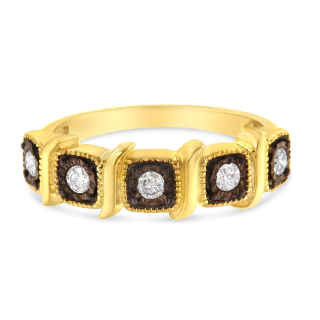 Contemporary 10K Yellow Gold Flashed .925 Sterling Silver Miracle-Set Diamond 5-Stone Ring Band (1/4 Cttw, J-K Color, I2-I3 Clarity) - Size 6 For Sale - Image 3 of 6