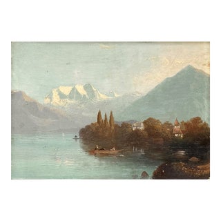 Antique Continental Mountainous Riverscape With Island and Boat, Oil on Board For Sale