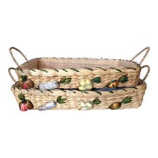 Vintage Wicker Nesting Tray With Raffia Vegetable Motif - a Pair For Sale