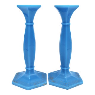 Antique French Blue Opaline Candlesticks For Sale