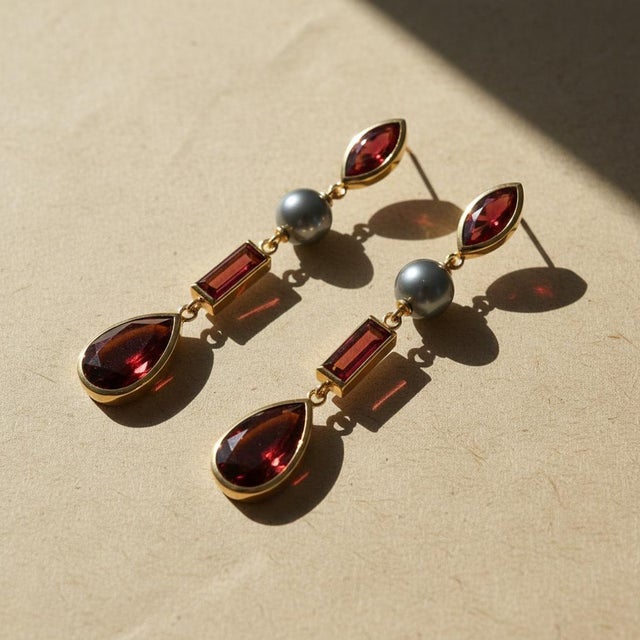 Red Garnet & Pearl Drop Earrings Studs, Silver, Gold, Pair For Sale - Image 8 of 9