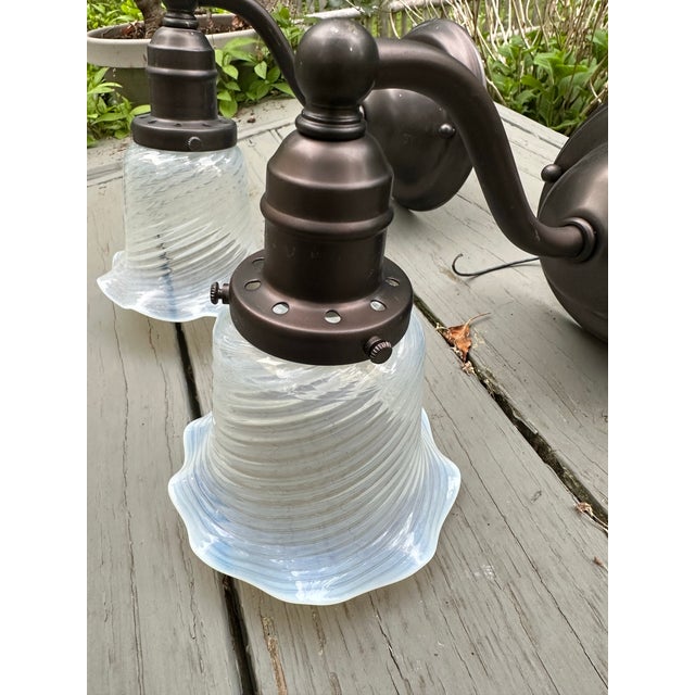 1930s Pair of Antique Brass Sconces With Vintage Opalescent Shades For Sale - Image 5 of 7