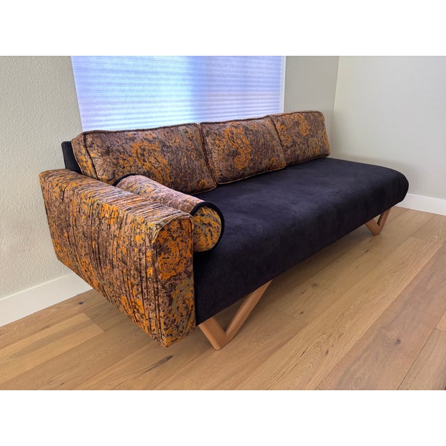 1960's MCM Sofa - Reupholstered in a Luxuriously Soft Black Chenille and a Burnt Orange/Tan/Brown Paisley Cotton Fabric For Sale - Image 11 of 11