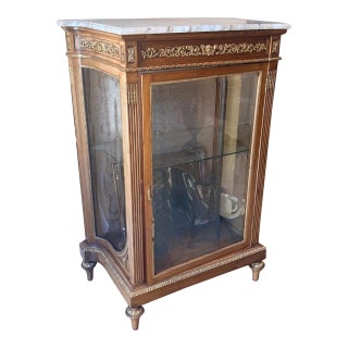 Vintage French Louis XVI Marble Gilt Glass Display Vitrine Cabinet For Sale