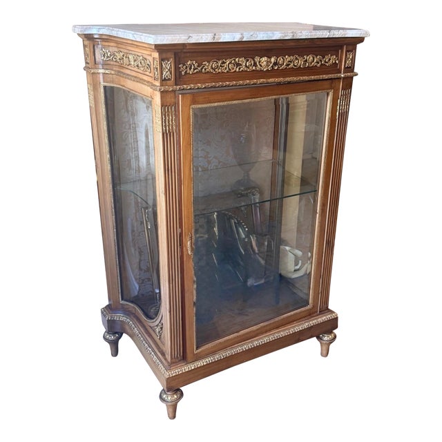 Vintage French Louis XVI Marble Gilt Glass Display Vitrine Cabinet For Sale